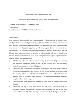 1 Silver Staining of 2D Electrophoresis Gels Cécile Lelong, Mireille