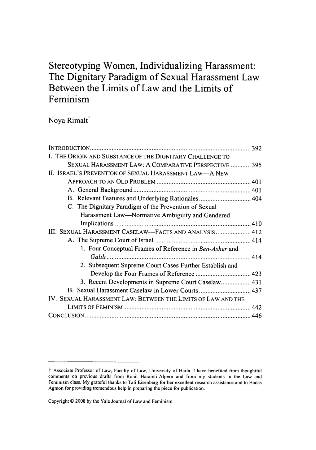 Stereotyping Women, Individualizing Harassment: the Dignitary Paradigm of Sexual Harassment Law Between the Limits of Law and the Limits of Feminism