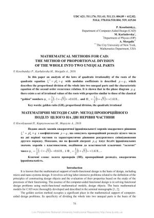 Mathematical Methods for Cad: the Method of Proportional Division of the Whole Into Two Unequal Parts