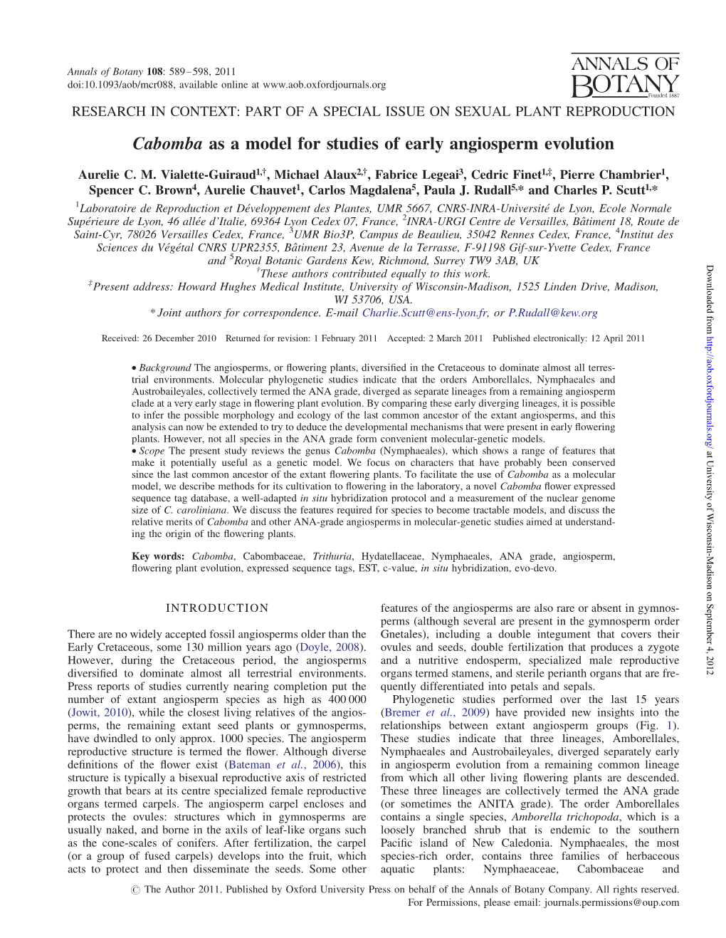 Cabomba As a Model for Studies of Early Angiosperm Evolution