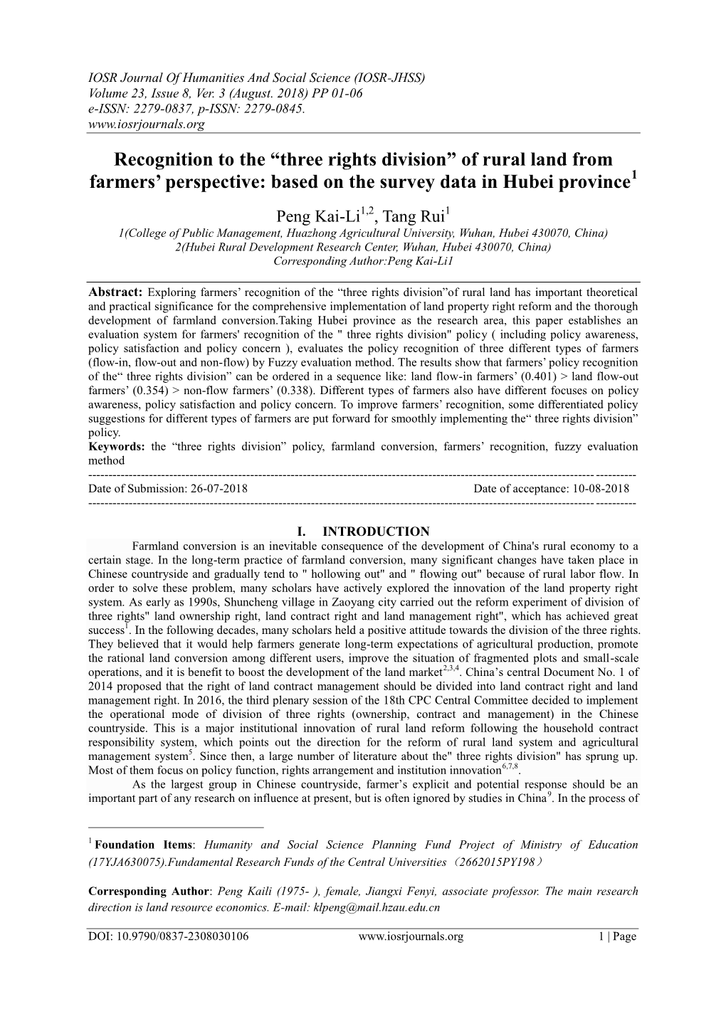 “Three Rights Division” of Rural Land from Farmers' Perspective