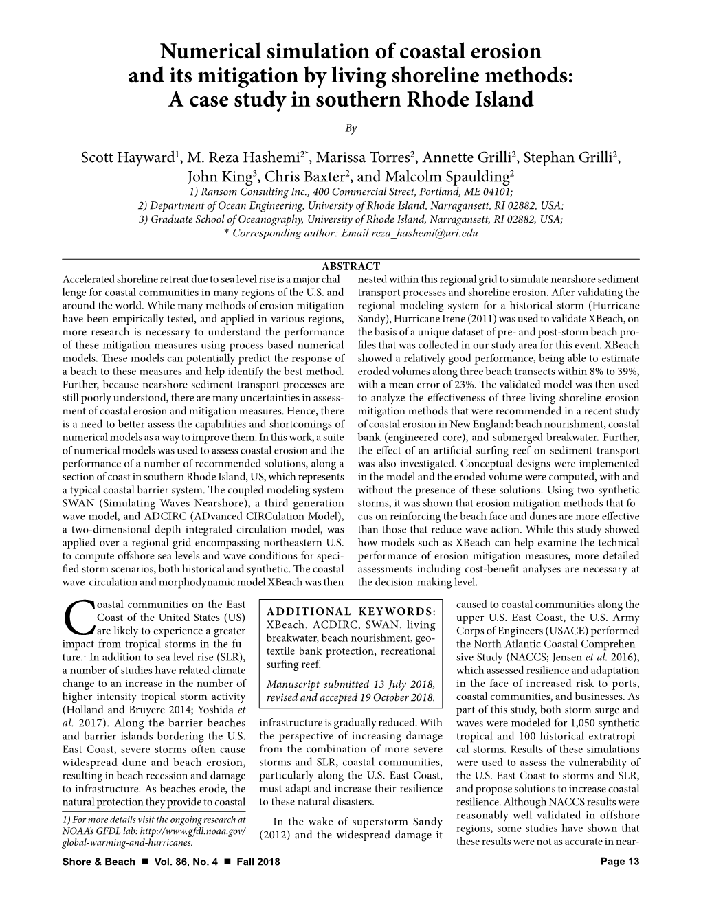 Numerical Simulation of Coastal Erosion and Its Mitigation by Living Shoreline Methods: a Case Study in Southern Rhode Island By