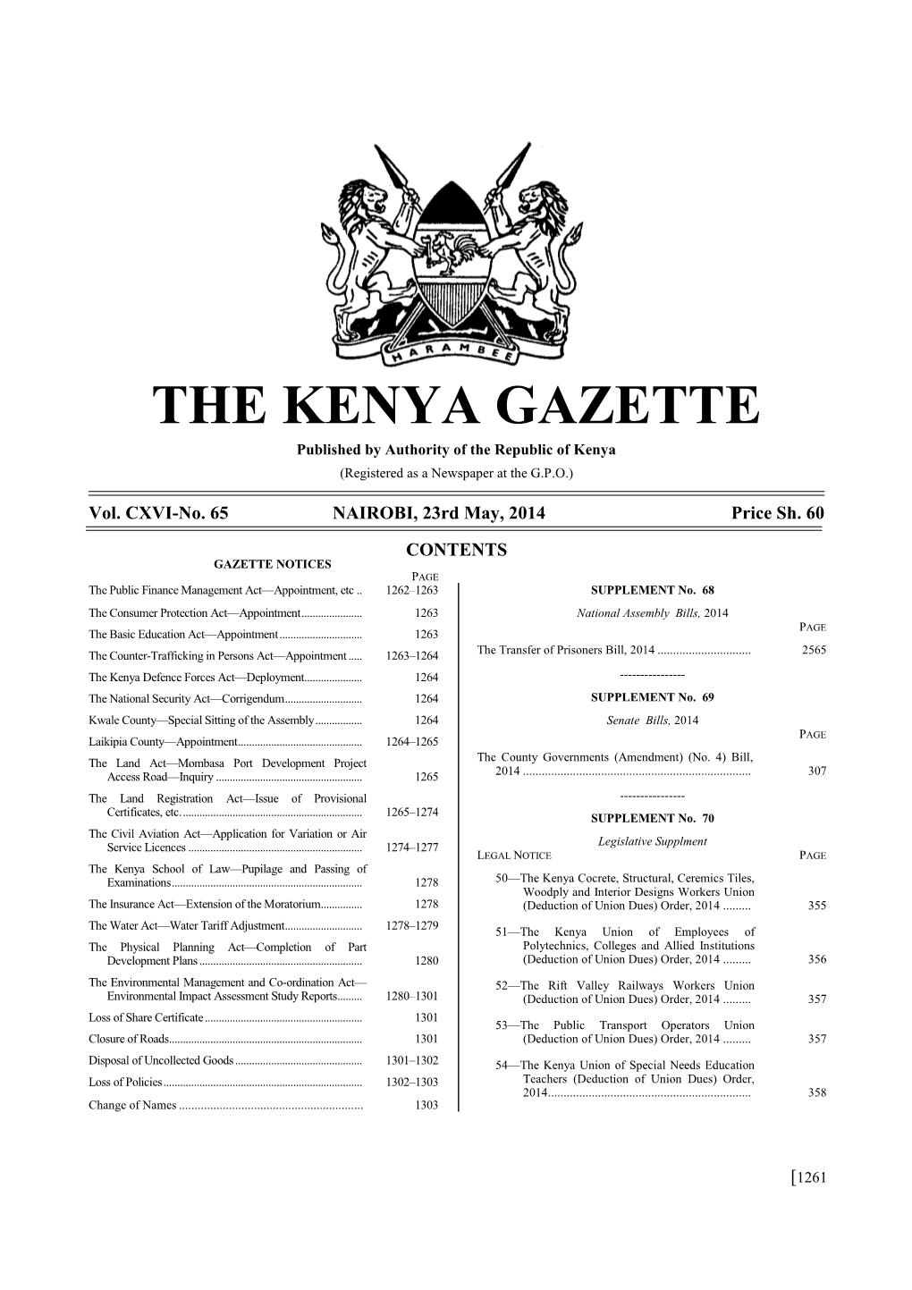 THE KENYA GAZETTE Published by Authority of the Republic of Kenya (Registered As a Newspaper at the G.P.O.)