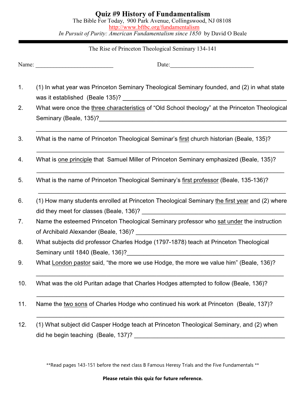 Quiz #9 History of Fundamentalism