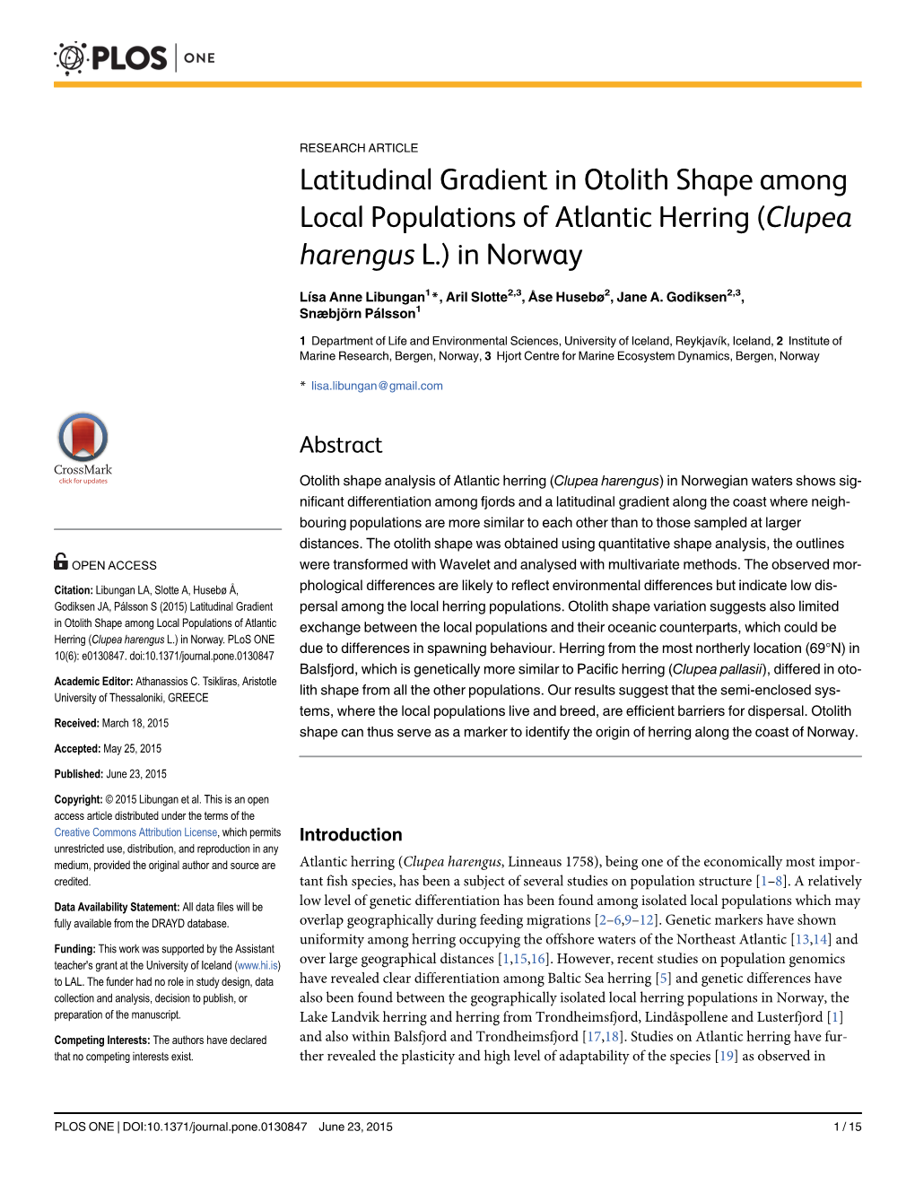 Latitudinal Gradient in Otolith Shape Among Local Populations of Atlantic Herring (Clupea Harengus L.) in Norway