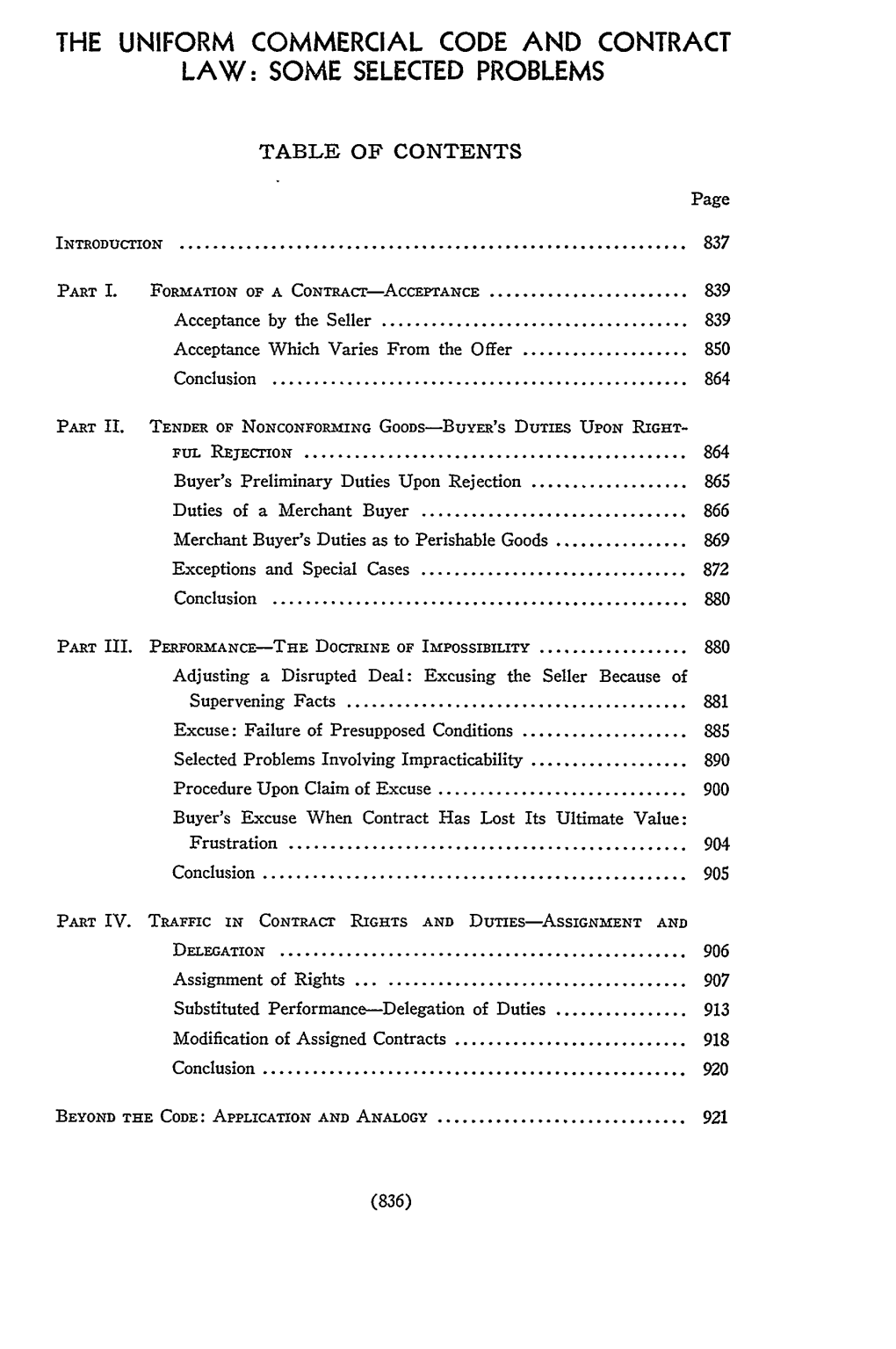 Uniform Commercial Code and Contract Law: Some Selected Problems