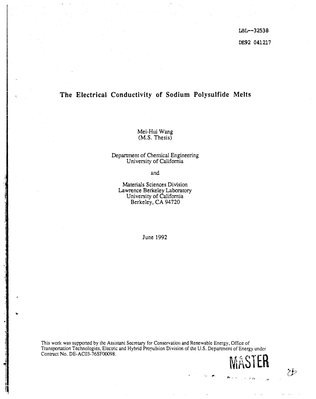 DE92041217 , the Electrical Conductivity of Sodium Polysulfide