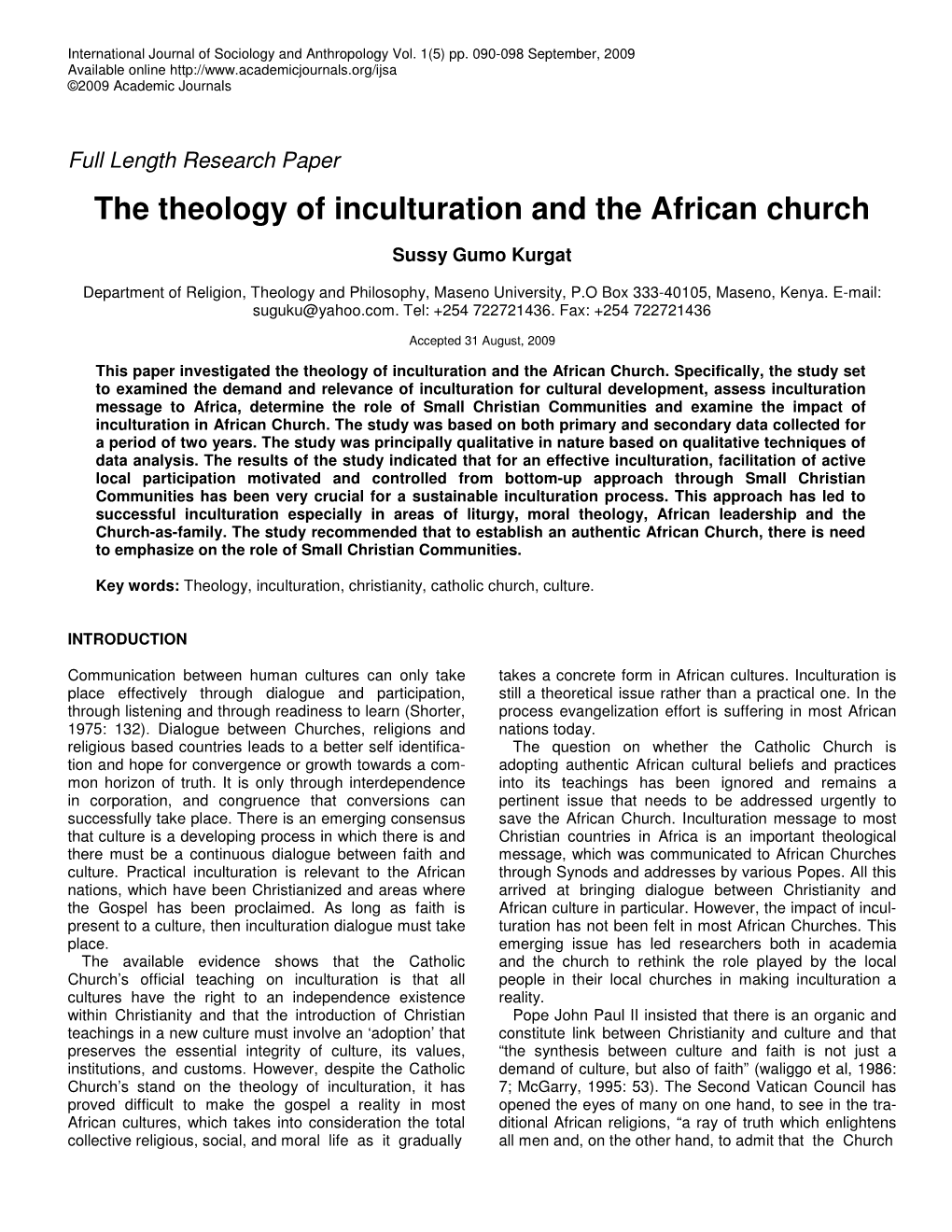 The Theology of Inculturation and the African Church