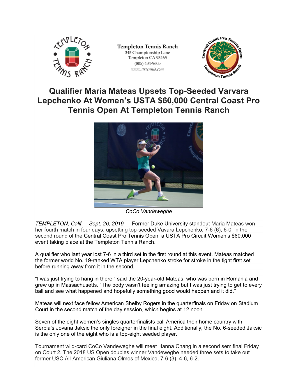 Qualifier Maria Mateas Upsets Top-Seeded Varvara Lepchenko at Women’S USTA $60,000 Central Coast Pro Tennis Open at Templeton Tennis Ranch