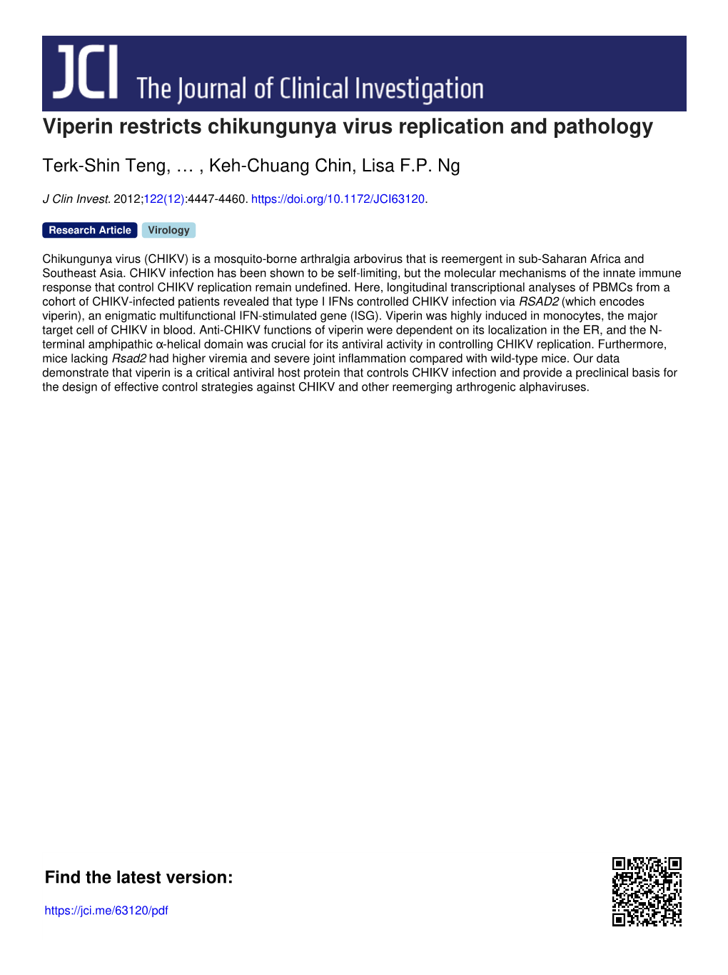 Viperin Restricts Chikungunya Virus Replication and Pathology