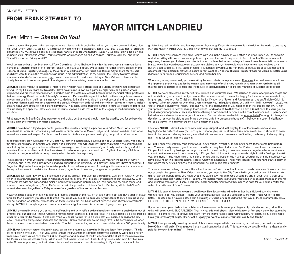 MAYOR MITCH LANDRIEU Dear Mitch — Shame on You!