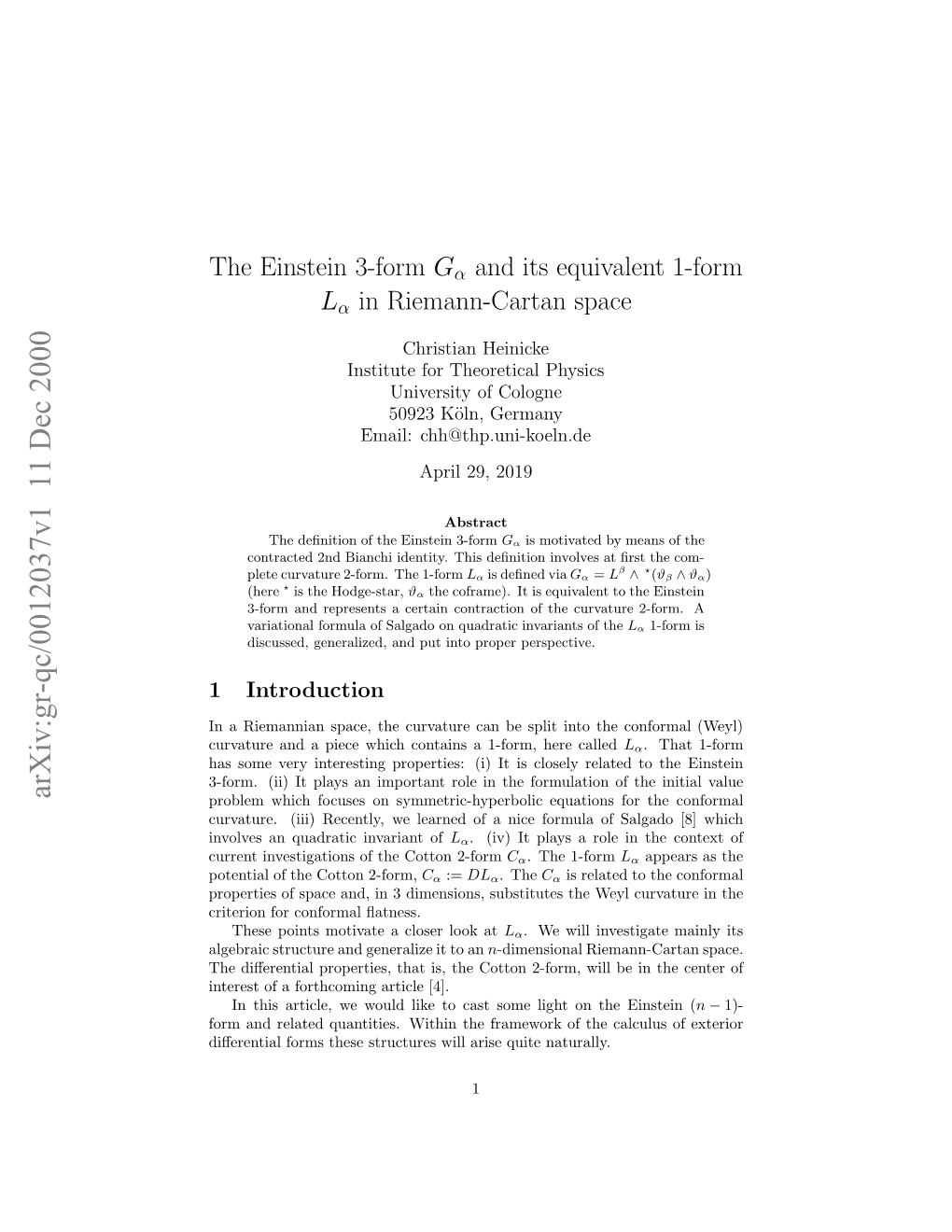 The Einstein 3-Form G a and Its Equivalent 1-Form L a in Riemann