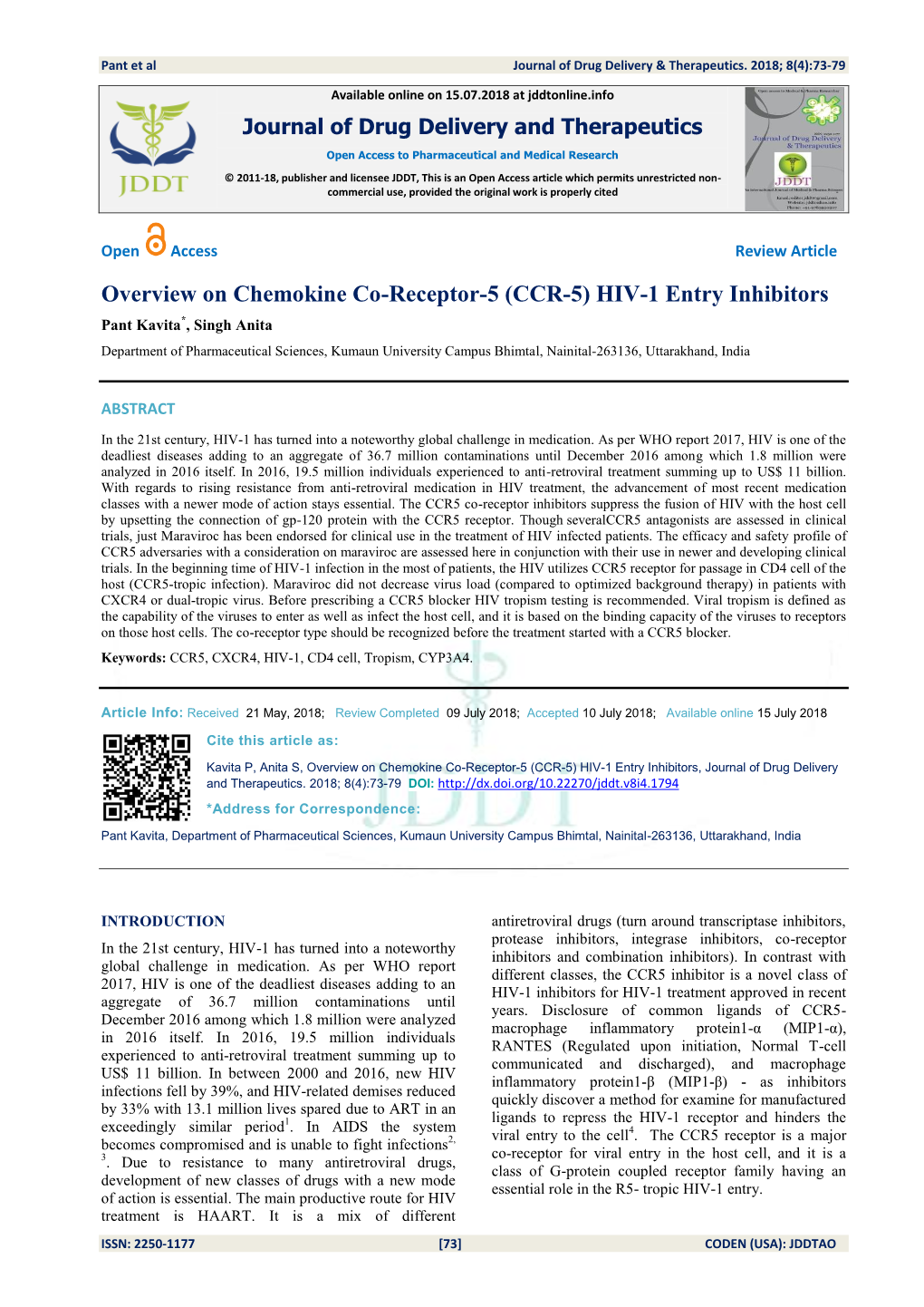 Overview on Chemokine Co-Receptor-5 (CCR-5) HIV-1 Entry