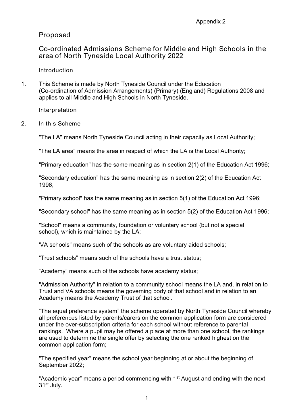 Proposed Co-Ordinated Admissions Scheme for Middle and High Schools in the Area of North Tyneside Local Authority 2022