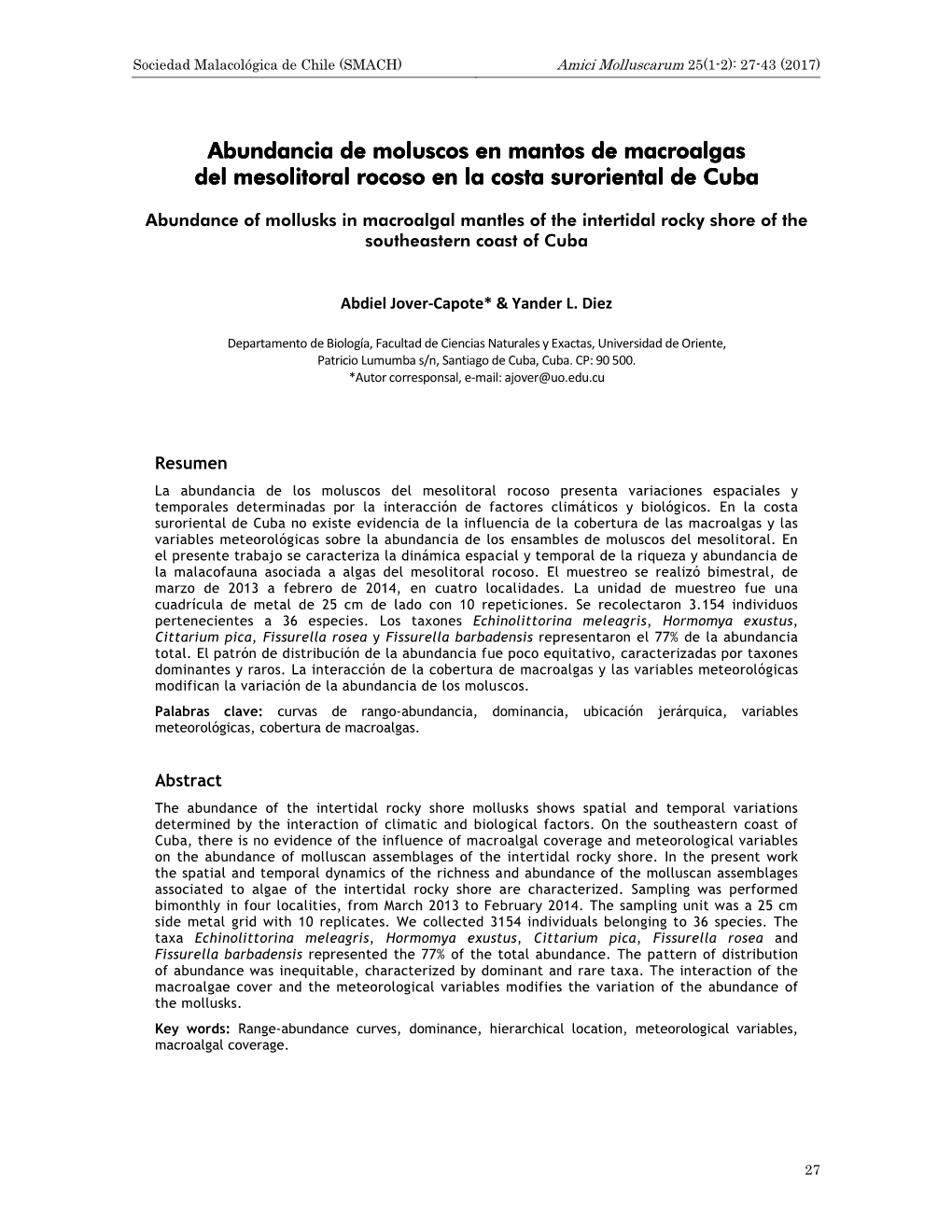 Abundancia De Moluscos Enenen Mantos De Macromacroalgasalgas Del Mesolitoral Rocoso En La Costa Suroriental De Cuba