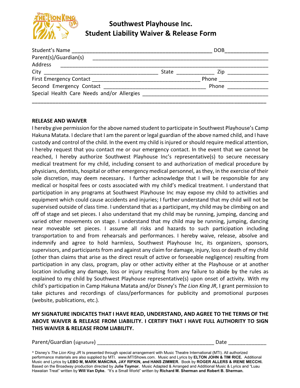 Southwest Playhouse Inc. Student Liability Waiver & Release Form