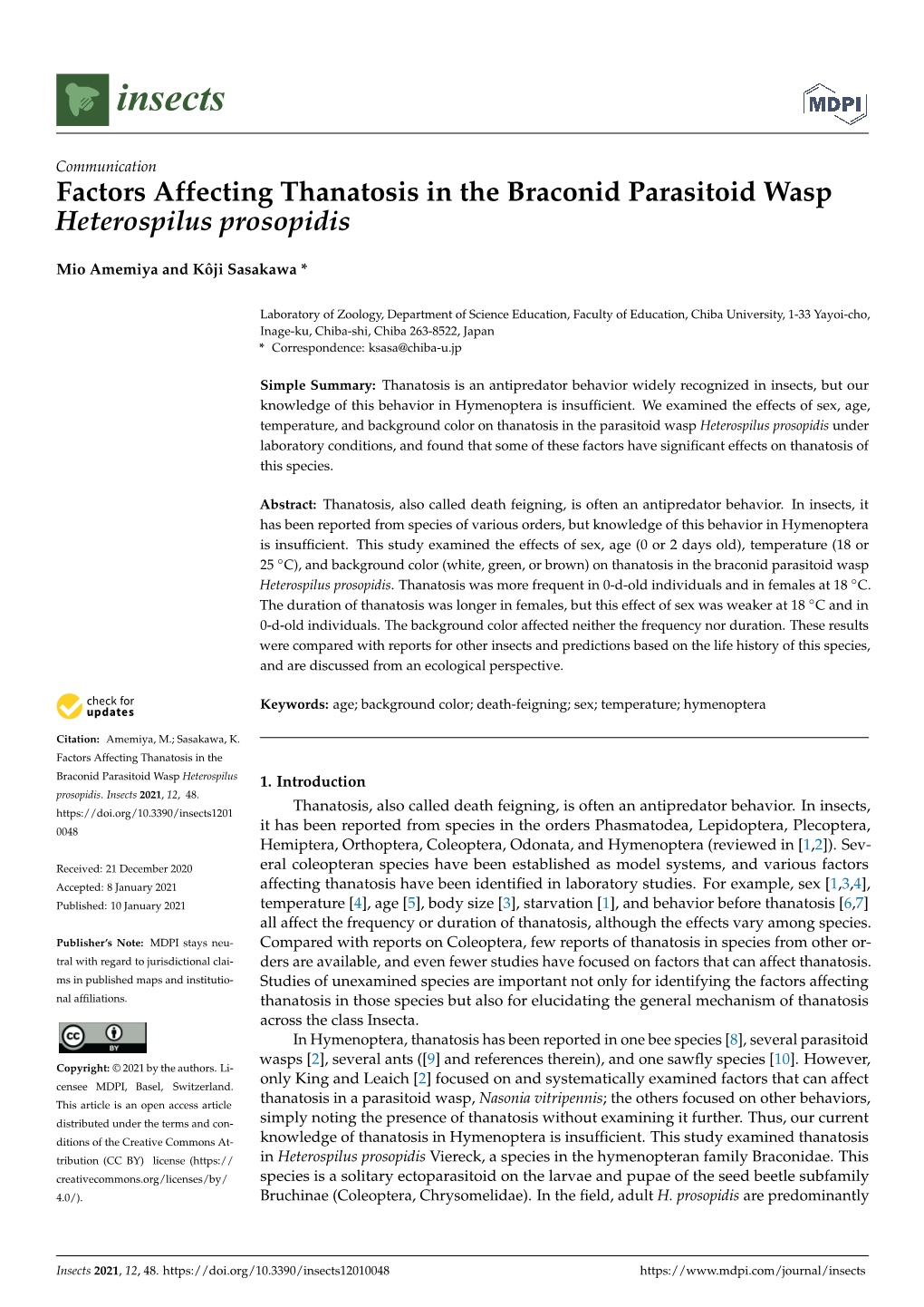 Factors Affecting Thanatosis in the Braconid Parasitoid Wasp Heterospilus Prosopidis