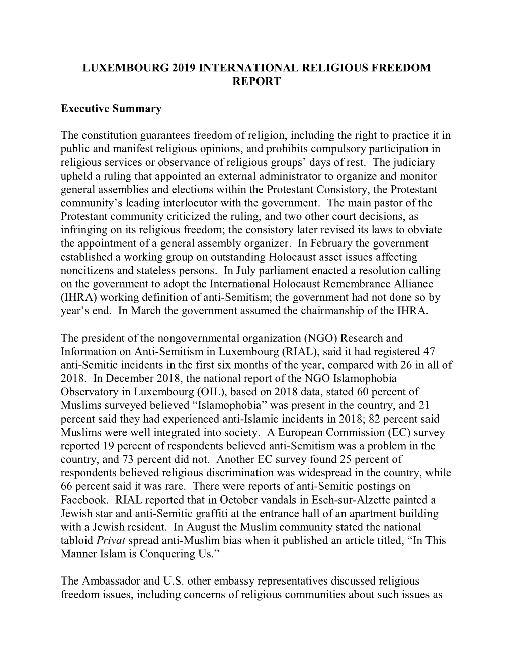 Luxembourg 2019 International Religious Freedom Report