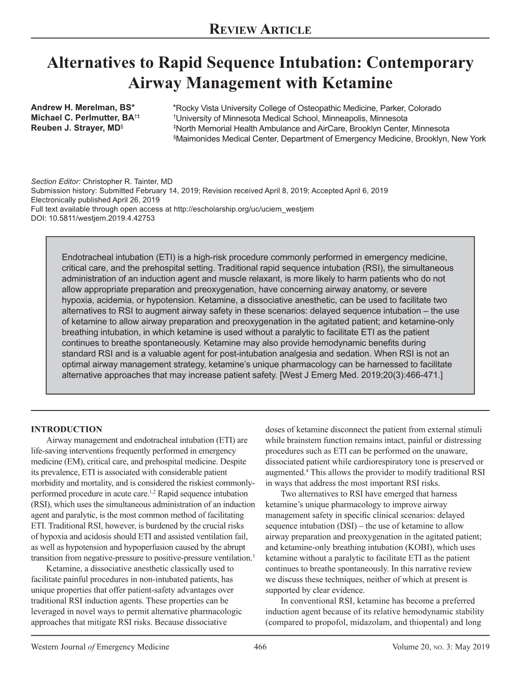 Alternatives to Rapid Sequence Intubation: Contemporary Airway Management with Ketamine