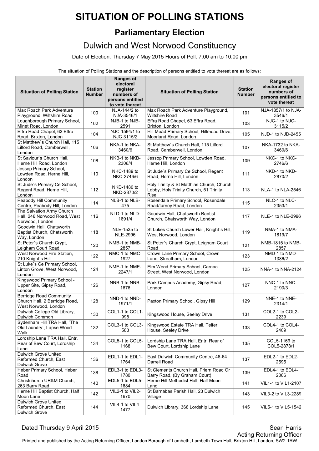 Situation of Polling Station Notice. Dulwich and West Norwood. List Of