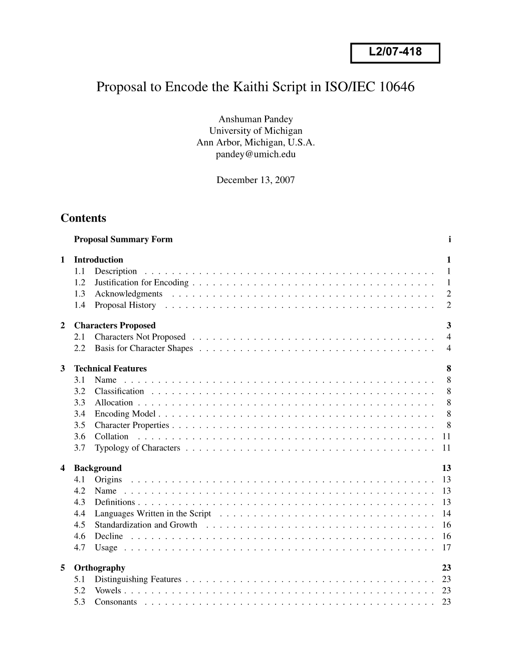 Proposal to Encode the Kaithi Script in ISO/IEC 10646