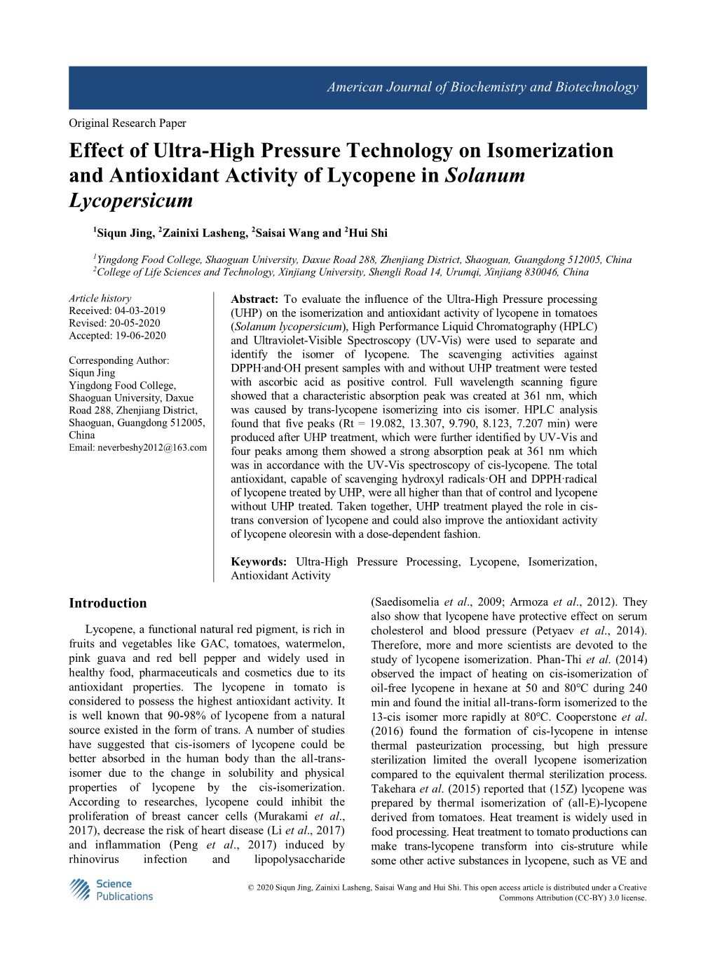 Effect of Ultra-High Pressure Technology on Isomerization and Antioxidant Activity of Lycopene in Solanum Lycopersicum