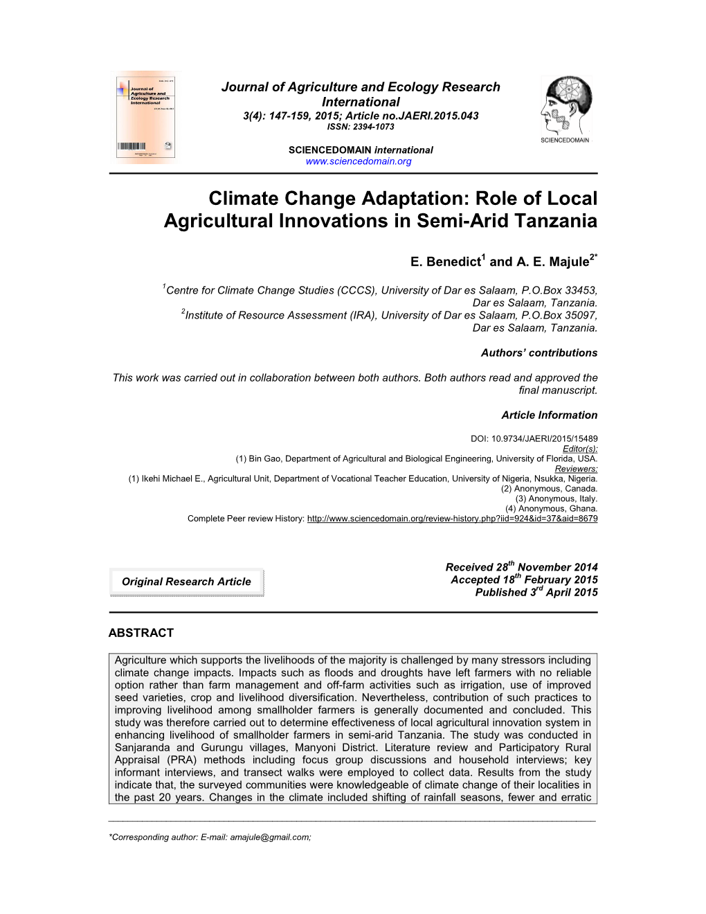 Role of Local Agricultural Innovations in Semi-Arid Tanzania