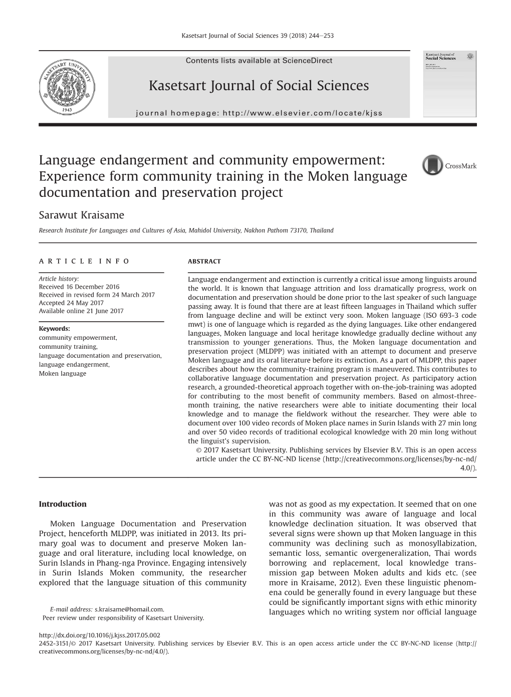 Experience Form Community Training in the Moken Language Documentation and Preservation Project