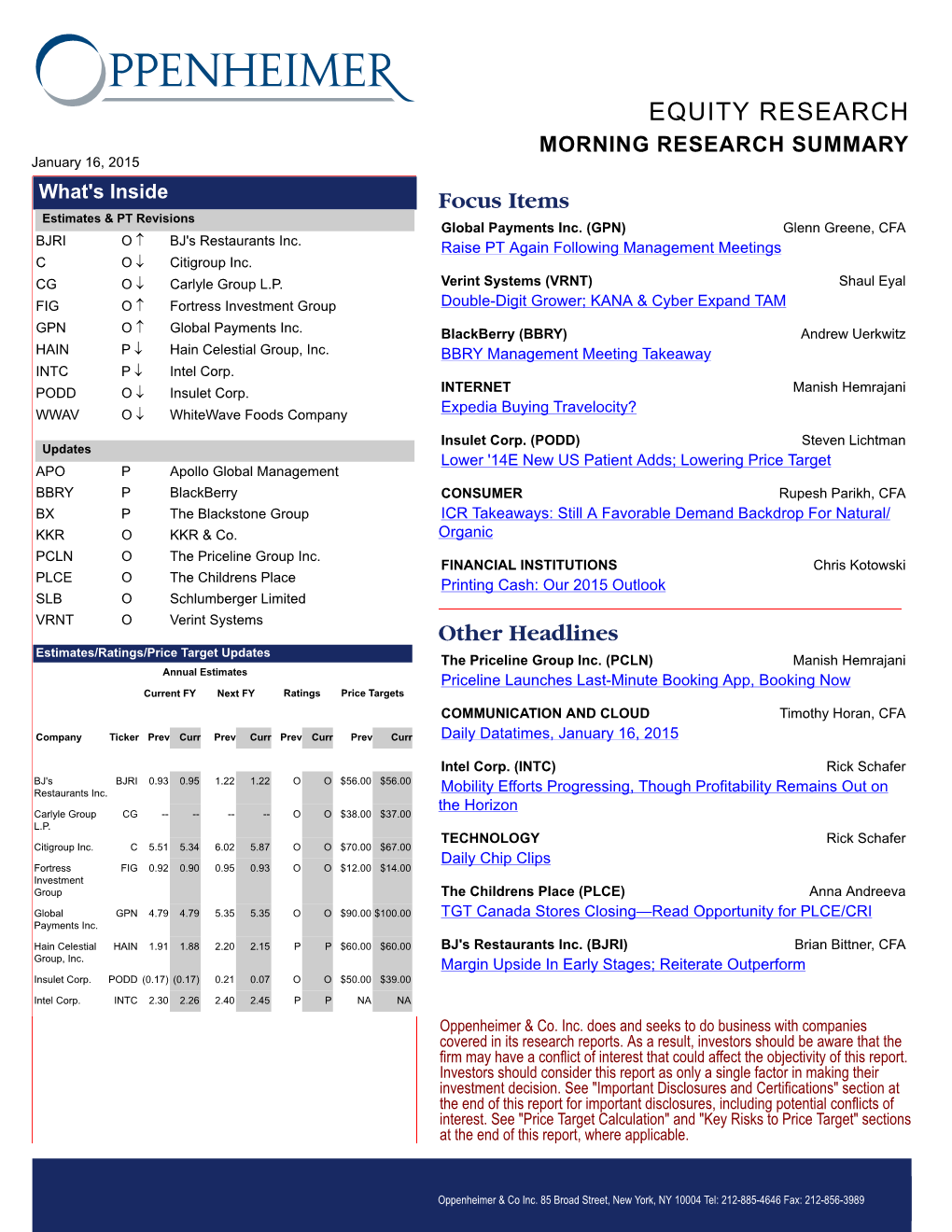 EQUITY RESEARCH MORNING RESEARCH SUMMARY January 16, 2015