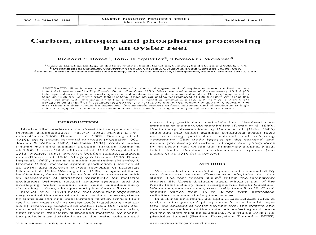 Carbon, Nitrogen and Phosphorus Processing by an Oyster Reef