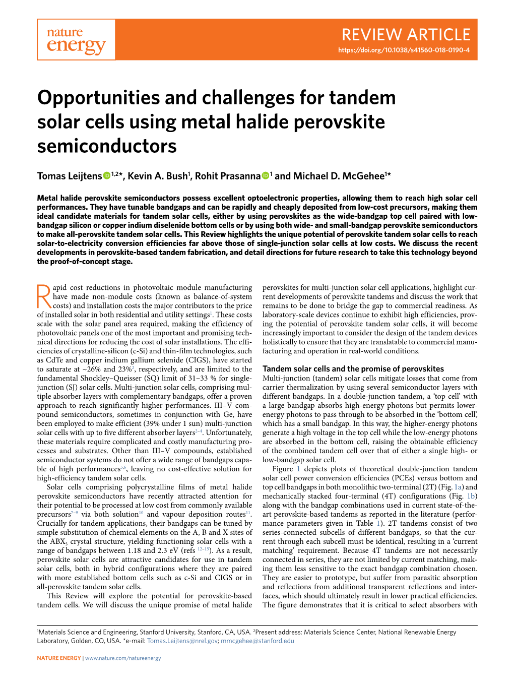 Opportunities and Challenges for Tandem Solar Cells Using Metal Halide Perovskite Semiconductors