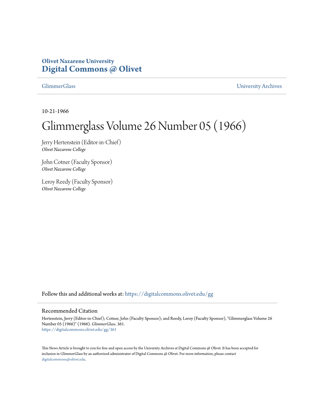 Glimmerglass Volume 26 Number 05 (1966) Jerry Hertenstein (Editor-In-Chief) Olivet Nazarene College