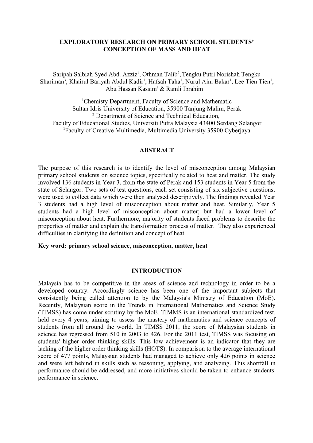 Exploratory Research on Primary School Students Conception of Mass and Heat