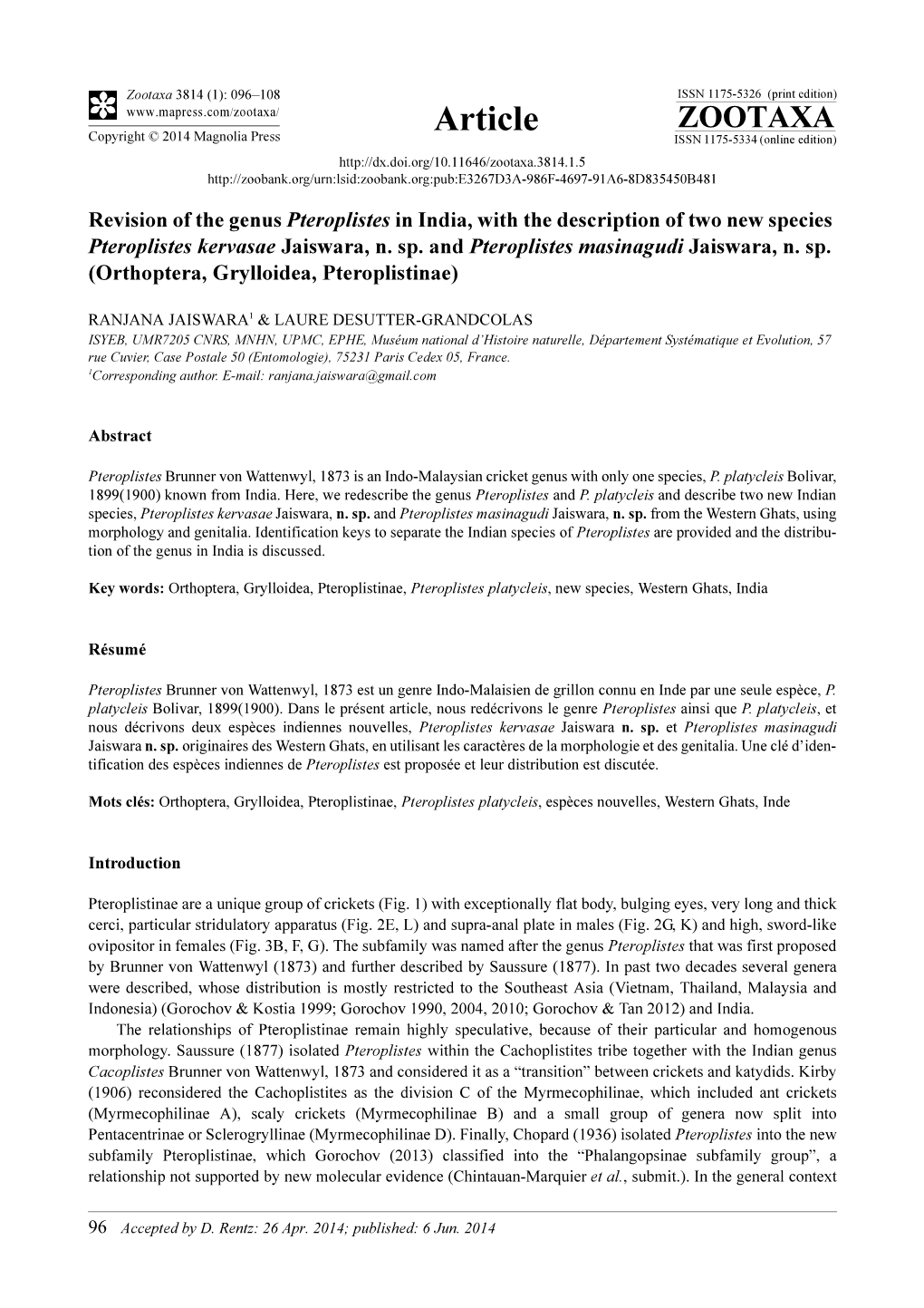 Revision of the Genus Pteroplistes in India, with the Description of Two New Species Pteroplistes Kervasae Jaiswara, N