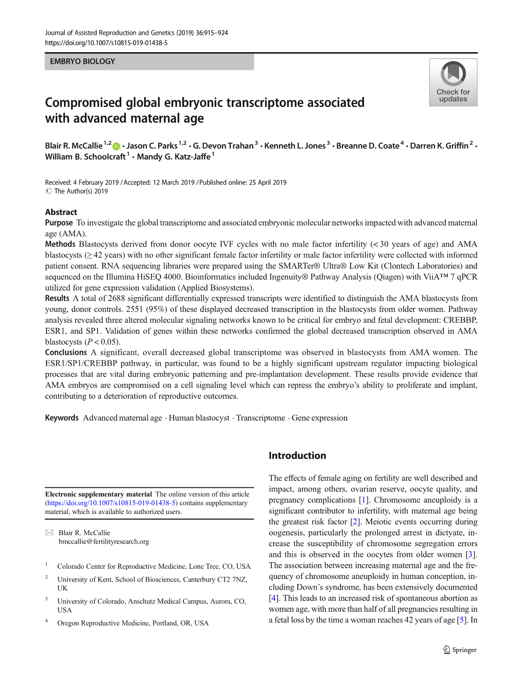 Compromised Global Embryonic Transcriptome Associated with Advanced Maternal Age