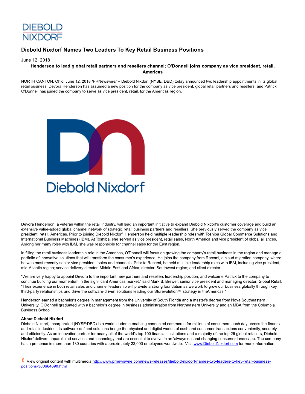 Diebold Nixdorf Names Two Leaders to Key Retail Business Positions