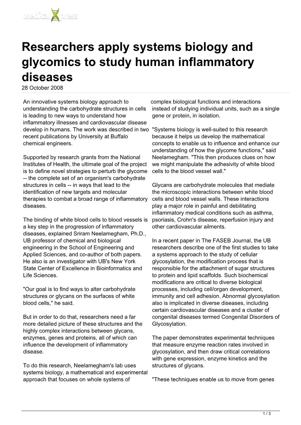 Researchers Apply Systems Biology and Glycomics to Study Human Inflammatory Diseases 28 October 2008