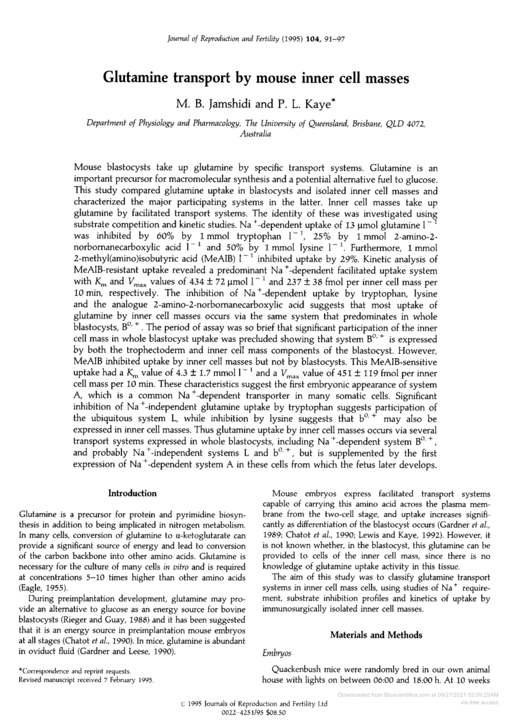 Glutamine Transport by Mouse Inner Cell Masses M