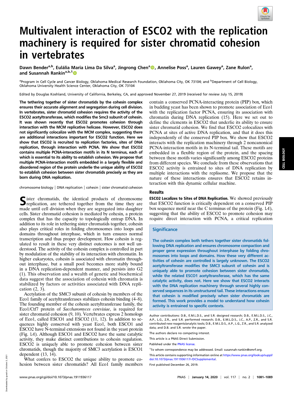 Multivalent Interaction of ESCO2 with the Replication Machinery Is Required for Sister Chromatid Cohesion in Vertebrates