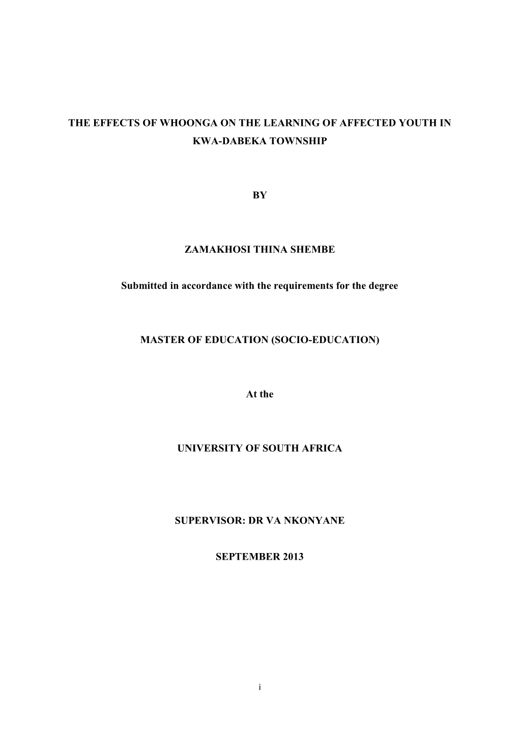 The Effects of Whoonga on the Learning of Affected Youth in Kwa-Dabeka Township