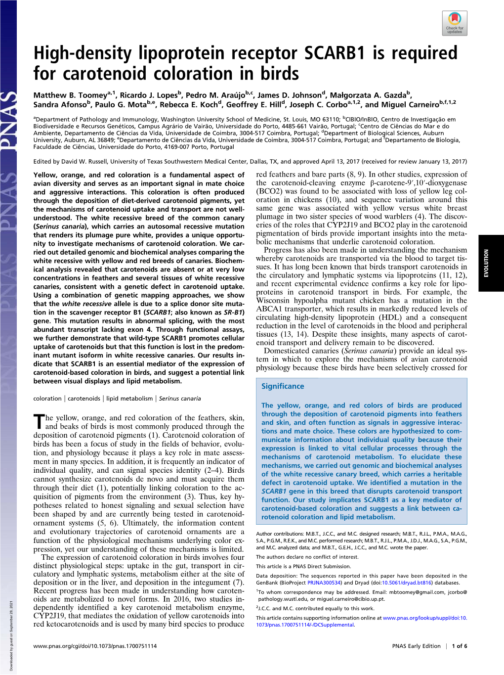 High-Density Lipoprotein Receptor SCARB1 Is Required for Carotenoid Coloration in Birds