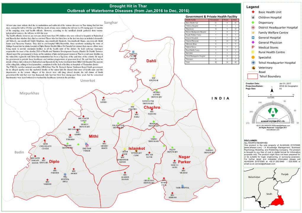 Nagar Parker Diplo Islamkot Mithi Dahli Chachro Drought Hit in Thar Outbreak of Waterborne Diseases (From Jan,2016 to Dec, 2016)