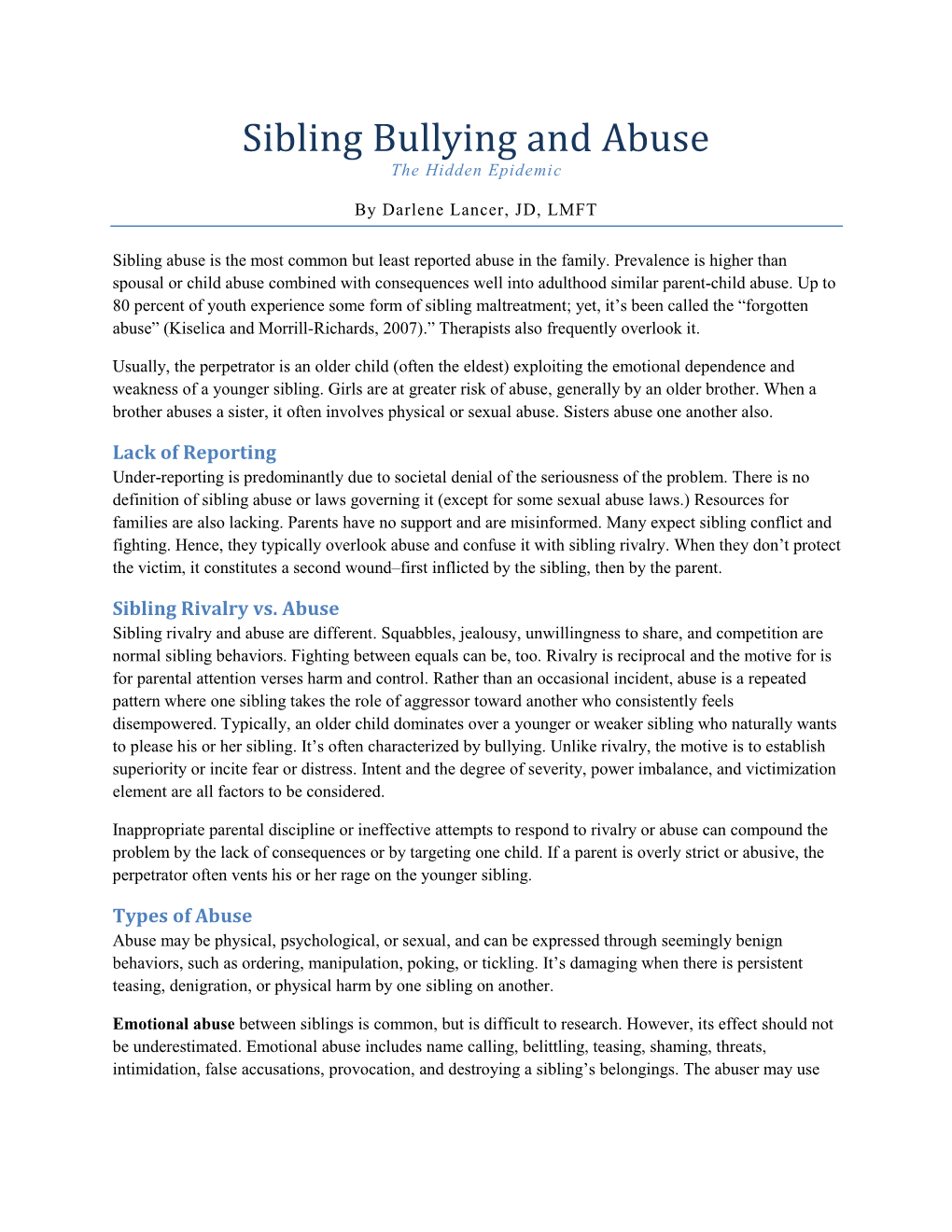 Sibling Bullying and Abuse the Hidden Epidemic