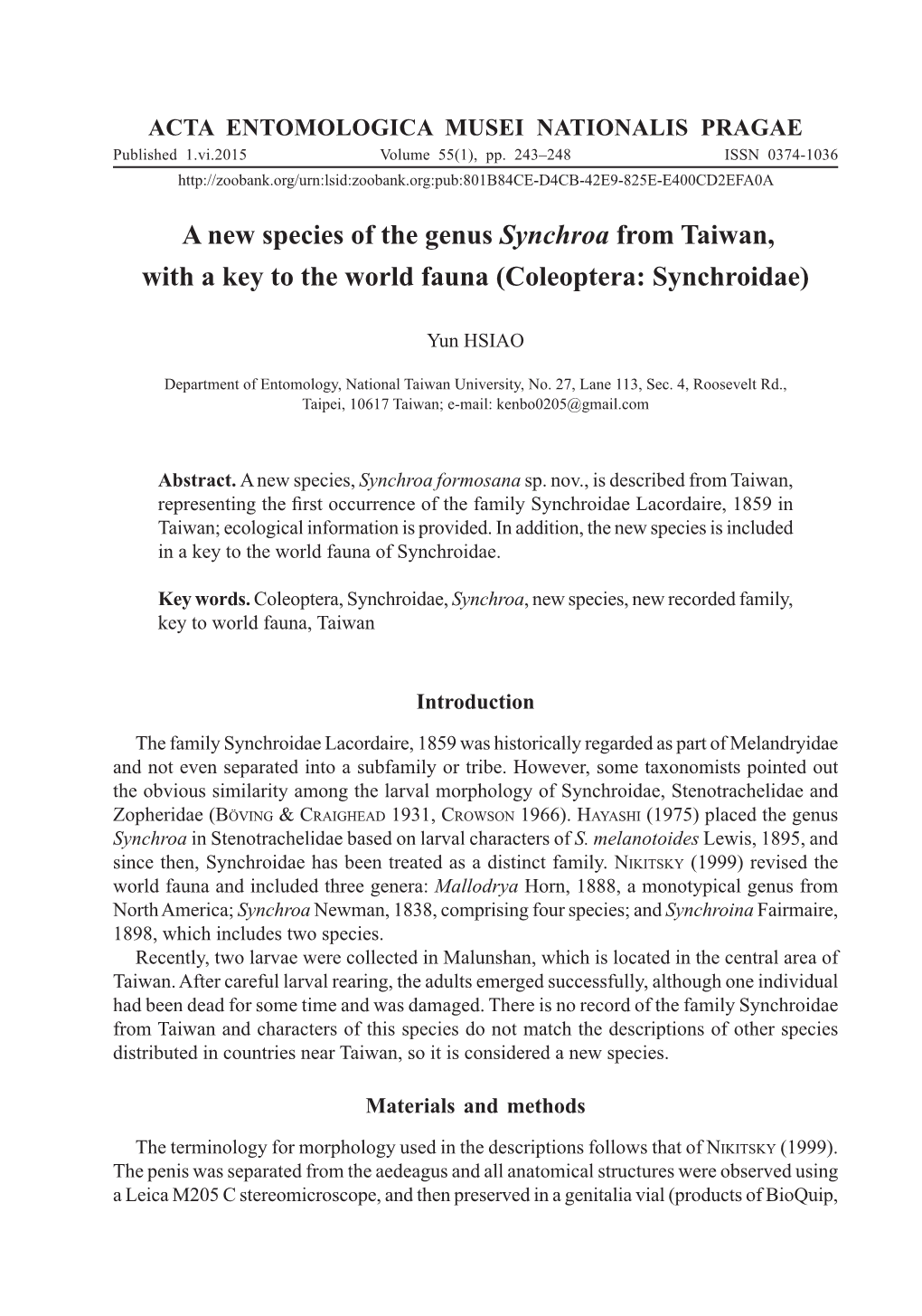 A New Species of the Genus Synchroa from Taiwan, with a Key to the World Fauna (Coleoptera: Synchroidae)