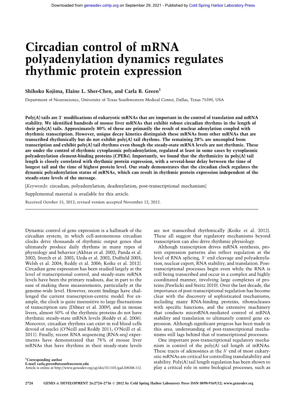 Circadian Control of Mrna Polyadenylation Dynamics Regulates Rhythmic Protein Expression