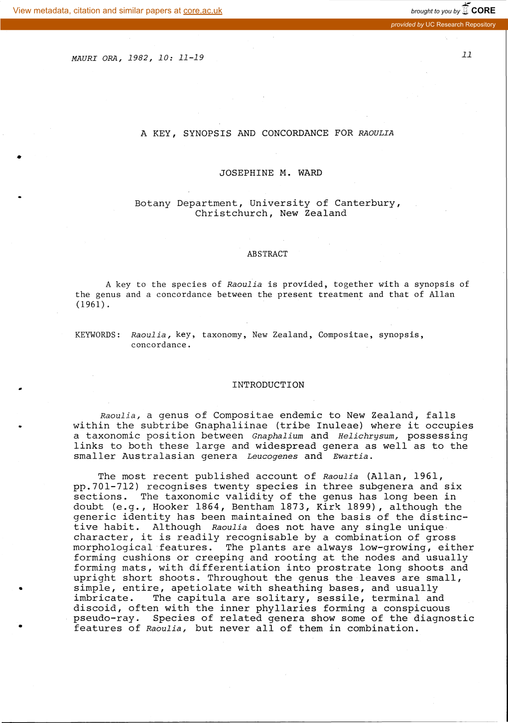 A Key, Synopsis and Concordance for Raoulia