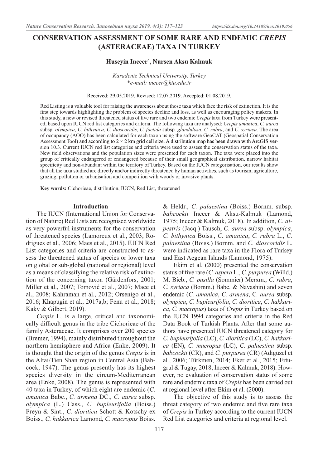 Conservation Assessment of Some Rare and Endemic Crepis (Asteraceae) Taxa in Turkey