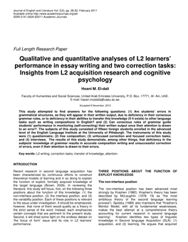 Qualitative and Quantitative Analyses of L2 Learners' Performance in Essay Writing and Two Correction Tasks