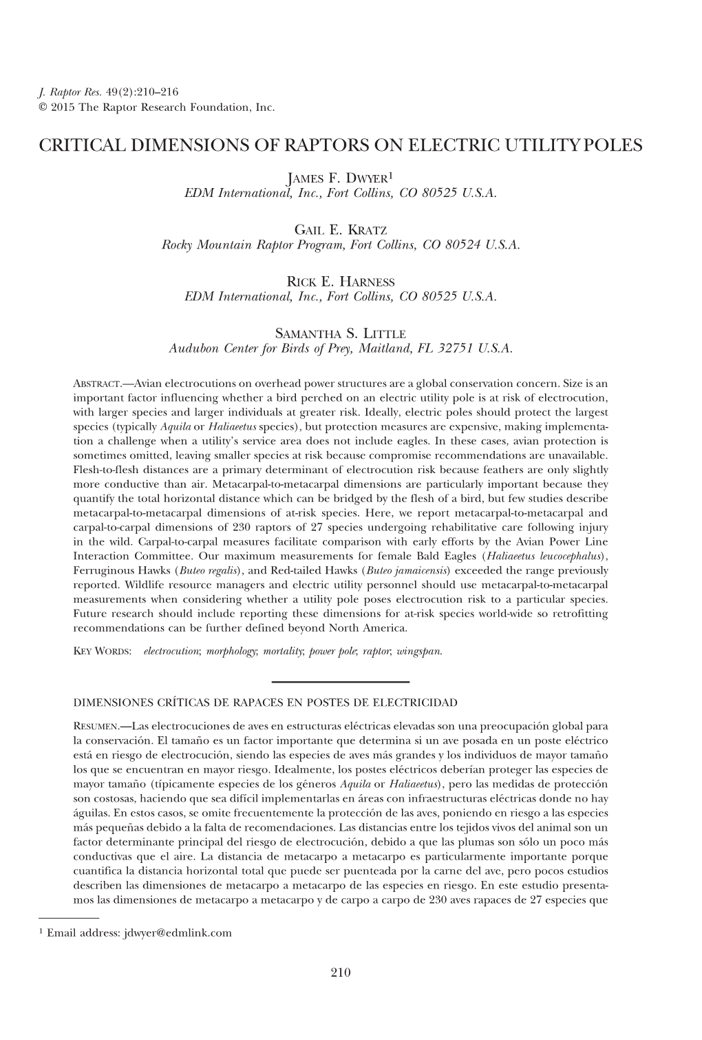 Critical Dimensions of Raptors on Electric Utility Poles