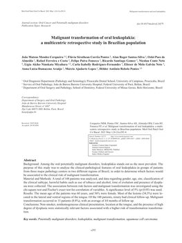 Malignant Transformation of Oral Leukoplakia: a Multicentric Retrospective Study in Brazilian Population